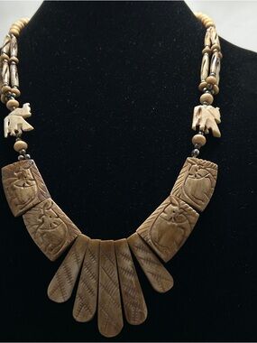 Vintage Carved Bone Long Elephant Necklace